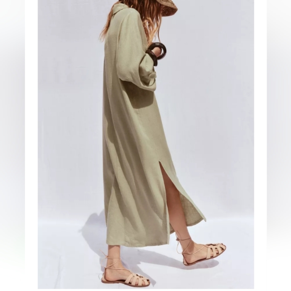 Zara Linen Light Khaki Long Tunic Shirt Dress Sz-L - Picture 2 of 11